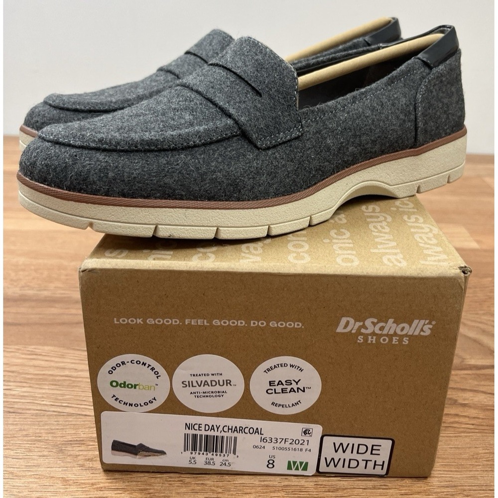 Dr. Scholl's Nice Day Faux Wool Penny Loafers Charcoal Women's Size 8 WIDE-NEW